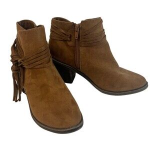 Time and True Faux Suede Heeled Tassel Brown Booties Size 8